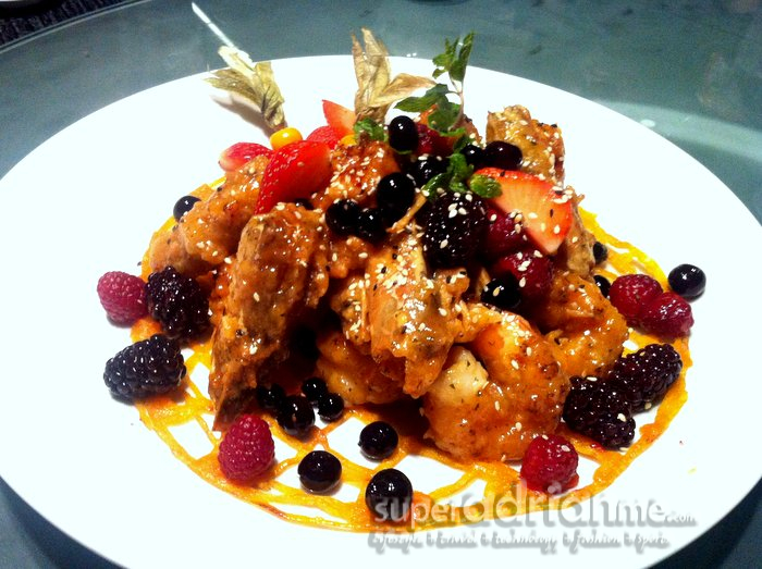 Wok Fried Sea Prawns with Mixed Berries Infused with Margarine and Milk