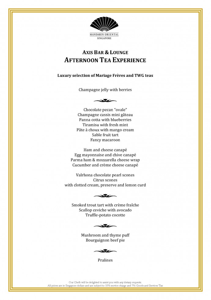 Axis Bar and Lounge Afternoon Tea Menu