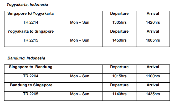 Tiger Airways Yogyakarta and Bandung flight schedule