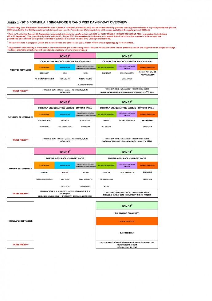 2013 Formula One Singapore Grand Prix Day By Day Schedule