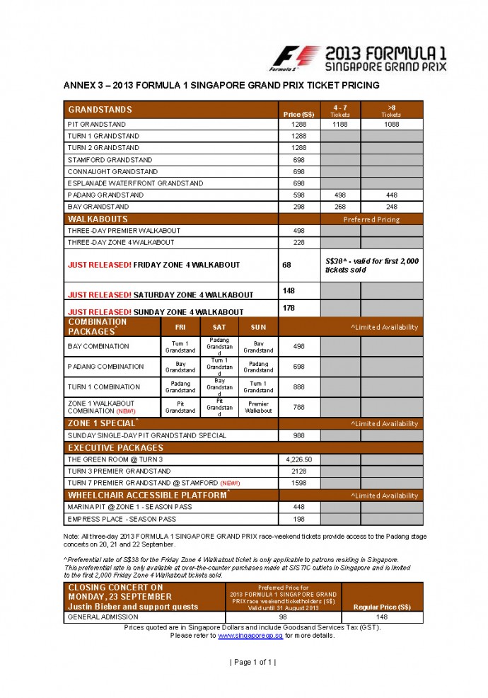 2013 Formula One Singapore Grand Prix Ticket Pricing