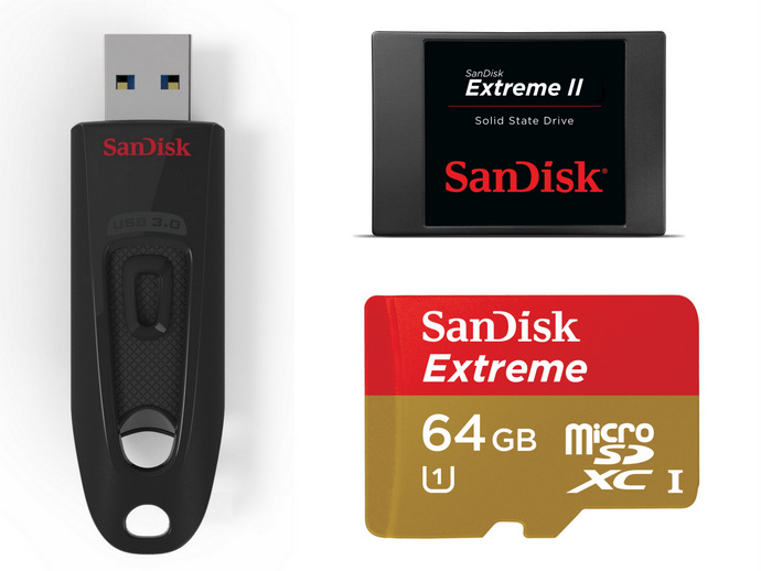 SanDisk Ultra USB 3.0 flash drive, SanDisk Extreme II SSD and SanDisk Extreme microSDXC memory card