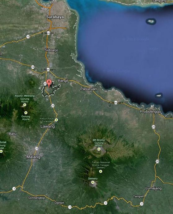 Map from Surabaya to Mount Bromo captured from Google Maps