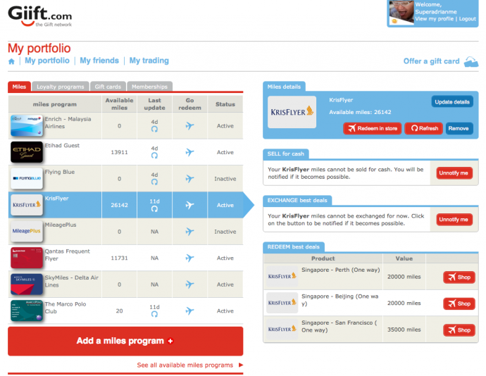 Giift.com Frequent Flyer dashboard
