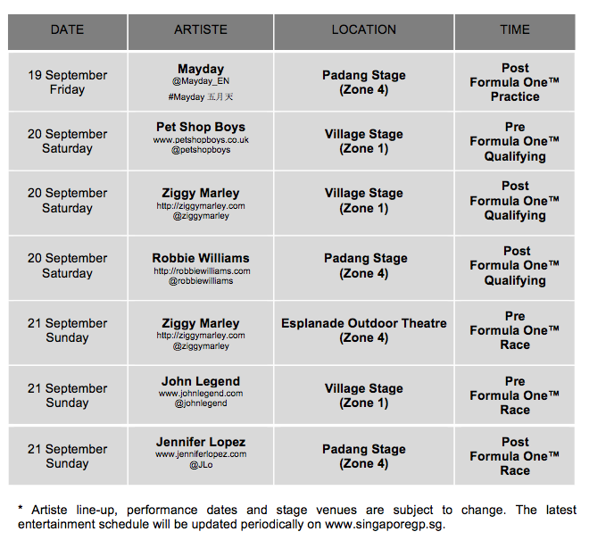 2014 Formula 1 Singapore Airines Singapore Grand Prix Entertainment Schedule