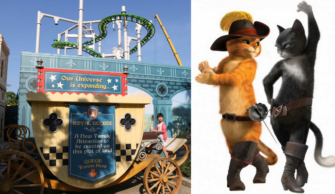 Universal Studios Singapore Puss In Boots' Giant Journey roller coaster ride & The Dance for the Magic Beans show