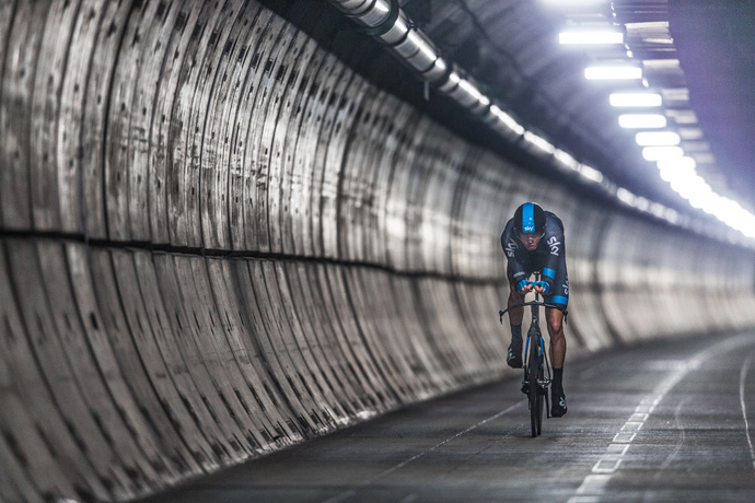 Team Sky rider and Tour de France Winner Chris Froome crosses the English Channel by bicycle, using the Eurotunnel service tunnel and support by Jaguar Cars.