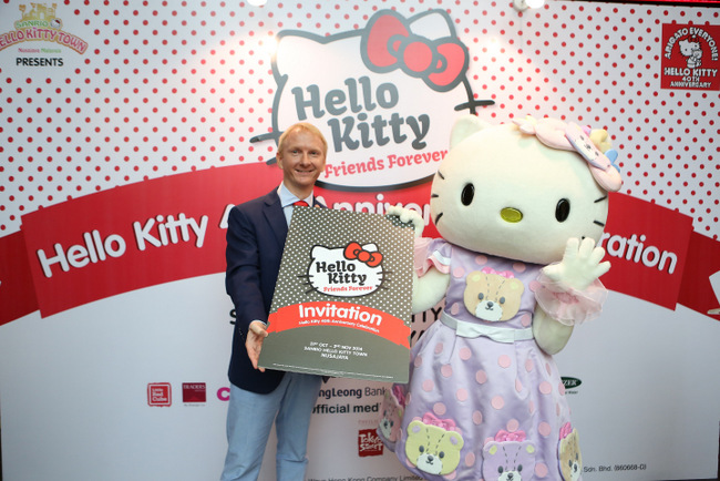 Hello Kitty inviting her fans to the Hello Kitty 40th Anniversary Celebration with Philip Whittaker, Chief Marketing Officer, Themed Attractions and Resorts Sdn Bhd