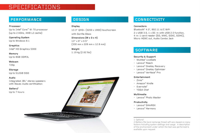 Lenovo YOGA 3 Pro Specs