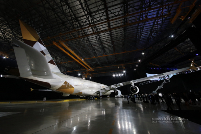 Etihad Airways Airbus A380 (A6-APA) unveiled on 18 December 2014 at Etihad Airways' Hangar in Abu Dhabi.