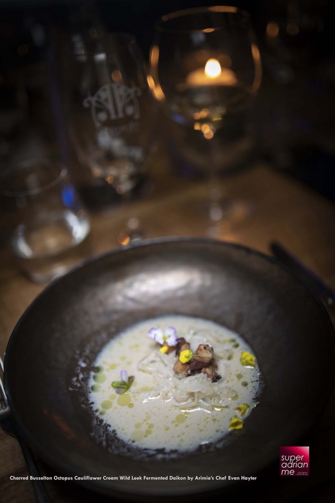 Chef Evan Hayter's charred Busselton octopus cauliflower cream with wild leek and fermented daikon 