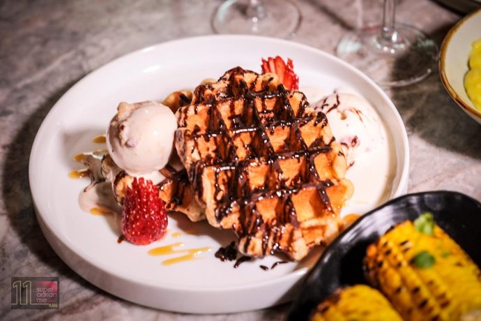 Burger & Lobster - Belgian Waffles with Strawberry Shortcake Ice Cream.